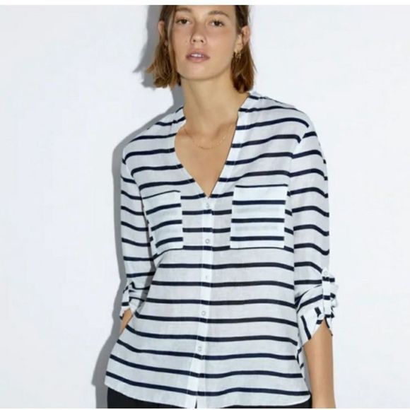 Zara Tops - Zara Linen Navy White Stripes Button Roll Sleeves Pockets Blouse Shirt Medium